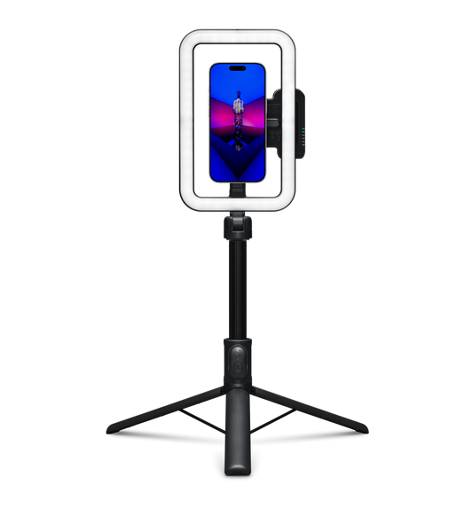 ShiftCam SnapCreator Kit Pro, black colour, three-legged tripod expanded at the bottom, iPhone mounted in portrait mode at the top, SnapStudio light attached, screen displays person standing on platform with bright purple, blue and pink lights