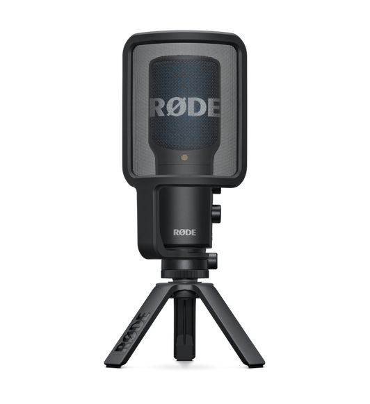 R&Oslash;DE NT-USB+ microphone, black colour, tripod extended, pop filter, RODE logos on microphone