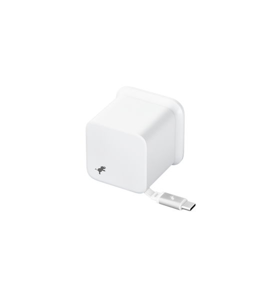 Nimble Wally Stretch 65W Wall Charger, white colour, integrated USB-C cable in the lower right, Nimble logo in the lower left