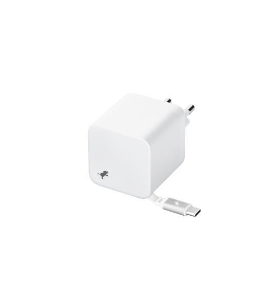 오른쪽 아래로 내장 USB-C 케이블이 나와 있고, 왼쪽 아래에 Nimble 로고가 그려져 있는 화이트 색상 Nimble Wally Stretch 65W Wall Charger의 모습
