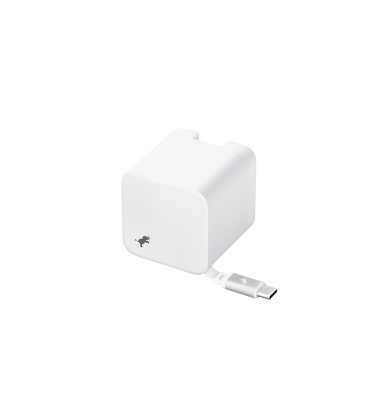 Nimble Wally Stretch 65W Wall Charger, white colour, integrated USB-C cable in the lower right, Nimble logo in the lower left