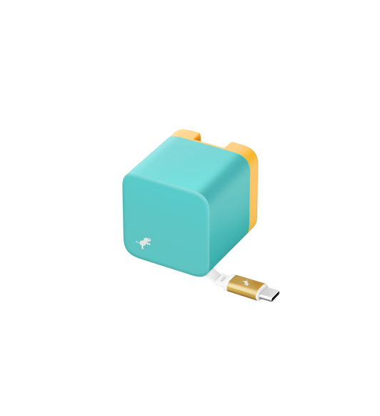Chargeur mural Wally Stretch 65 W de Nimble, coloris bleu sarcelle et jaune, câble USB-C blanc et jaune en bas à droite, logo Nimble blanc en bas à gauche