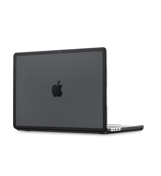 Tech21 EvoShell, exterior, black borders, clear tint on top, MacBook Pro installed and open, cut out for easy access to ports on side