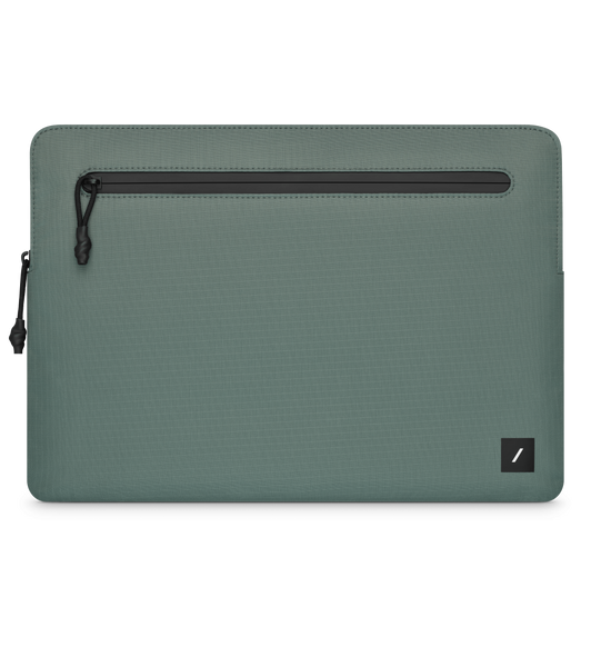 Native Union Ultralight Sleeve for MacBook, front exterior, green color, landscape orientation, one corded zipper pull on left side and one at upper middle, rounded corners