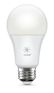 GE Savant HD+ Smart Bulb, front exterior, white colour housing, rounded top, chrome cap, Reveal logo in centre