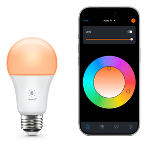 GE Savant HD+ Smart Bulb, front exterior, white colour housing, rounded top, chrome cap, Reveal logo in centre