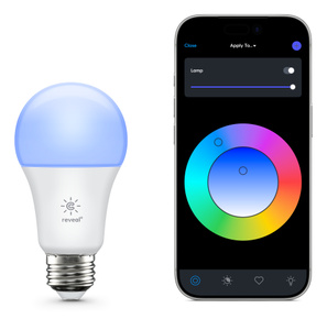 GE Savant HD+ Smart Bulb, front exterior, white colour housing, rounded top, chrome cap, Reveal logo in centre