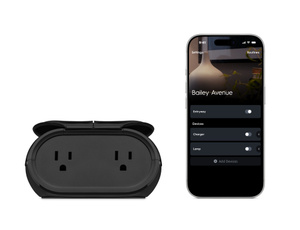 GE Savant Cync Outdoor Smart Plug, front exterior, two grounded outlets, protective cover opened, iPhone with app with controls