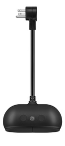 GE Savant Cync Outdoor Smart Plug, top exterior, black colour, three-prong plug at top of cable, covered outlets at bottom, power buttons on top to control left and right outlets, GE logo in centre
