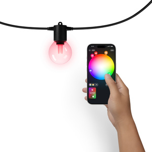 Philips Festavia Globe String Lights, black colour cable, single clear bulb illuminated in red, iPhone app showing colour control options