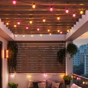 String of Philips Festavia Globe String Lights hanging from ceiling rafters on a patio, illuminated in various colours