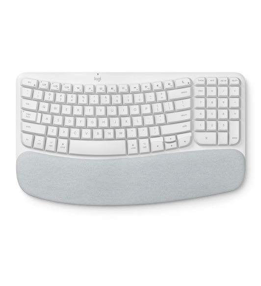 Logitech Wave Keys for Mac Wireless Ergonomic Keyboard, top exterior, white color, contoured QWERTY key layout, numeric key pad, palm-rest