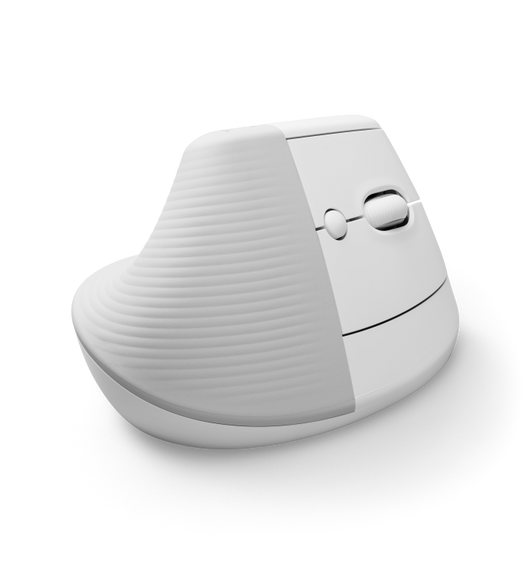 Logitech Wave Keys for Mac Vertical Ergonomic Mouse, white color, rubber grip, thumb rest at top, Magnetic Smart scroll wheel and customizable buttons at right