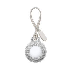 mophie Loop AirTag Case, back exterior, white colour, covers outer edges and opening in centre showing AirTag, lanyard attached