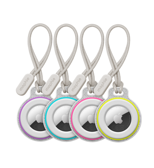 Cuatro fundas Loop de mophie para AirTag, color blanco, cordones unidos con el logotipo de mophie en el otro extremo, AirTags colocados con el logo de Apple, bandas de color púrpura, azul, rosa y amarillo