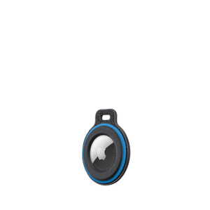 mophie Loop AirTag Case, back exterior, knit fabric lanyard on left, yellow and blue colour bands on right