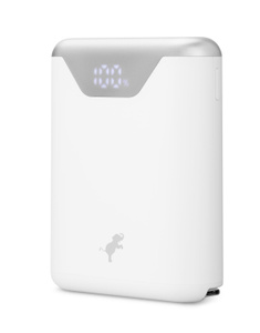 Nimble Wally Stretch 30W Wall Charger + 5K Battery with Retractable Cable, front and side exterior, white colour, Power button at top side, remaining battery charge LED indicator at front top, text reads: 100%, Nimble elephant logo at bottom