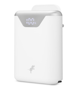 Nimble Wally Stretch 30W Wall Charger + 5K Battery with Retractable Cable, back and side exterior, white color, silver top, plug at top