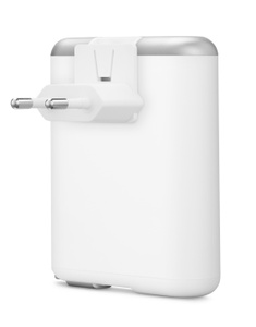 Nimble Wally Stretch-lichtnetadapter van 30 W + 5K-batterij met uittrekbare kabel, achter- en zijkant, kleur wit, zilverkleurige bovenkant, inklapbare stekker