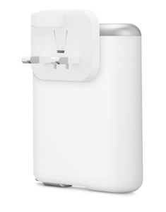 Nimble Wally Stretch 30W Wall Charger + 5K Battery with Retractable Cable, back and side exterior, white colour, silver top, fold-down plug