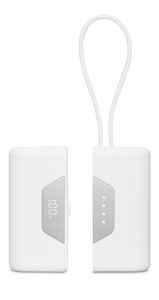 Nimble Champ Battery Pack, front exterior, white color, lanyard at top, battery packs separated, text reads: 100% on unit at left, 4 LED indicators lit on unit at right
