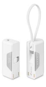 Nimble Champ Battery Pack, front exterior, white color, battery packs separated, USB-C lanyard atop unit at right, USB-C connector folded into unit at left, Nimble logo at bottom
