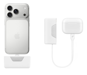Nimble Champ Battery Pack, unit at left plugged into base of iPhone, unit at right connected by cable to AirPods case