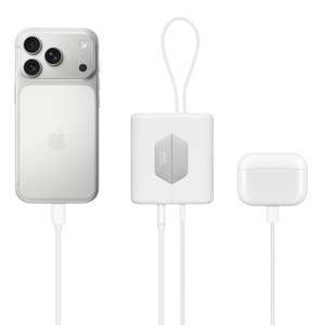Nimble Champ Battery Pack at center, lanyard at top, powering iPhone at left and AirPods case at right.