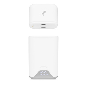 Nimble PowerStack, front exterior, white color, wall charger separated at top, detachable battery below it, battery indicator at bottom, display text reads: 100%
