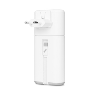 Nimble PowerStack, back exterior, wall charger at top with plug prongs extended, battery magnetically attached below it, integrated USB-C cable nested in protective channel