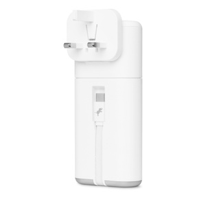 Nimble PowerStack, back exterior, wall charger at top with plug prongs extended, battery magnetically attached below it, integrated USB-C cable nested in protective channel