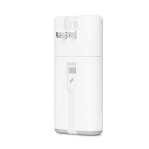 Nimble PowerStack, back exterior, wall charger at top with plug prongs extended, battery magnetically attached below it, integrated USB-C cable nested in protective channel