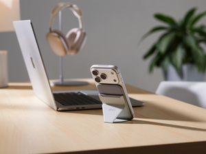 Moft MagSafe Wallet Stand, back exterior, iPhone attached to wallet stand in portrait orientation, placed on a desk next to a MacBook