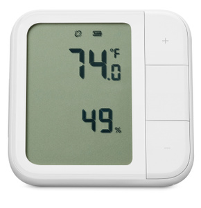 Aqara Climate Sensor W100, front exterior, white color, rounded corners, 3 large buttons at right, LCD display, text reads: 74 degrees, 49 percent