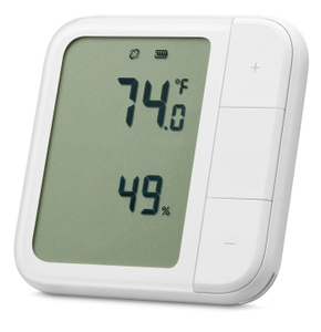 Aqara Climate Sensor, front exterior, white color, LCD display, 3 large vertical buttons at right, plus button, select button, minus button