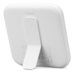 Aqara Climate Sensor, rear exterior, white color, stand installed, Aqara logo at top
