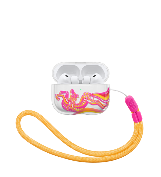 Tech21 EvoArt case, front exterior, white color, open, with AirPods Pro 3 charging inside, Year of the Horse graphics, included yellow lanyard attached