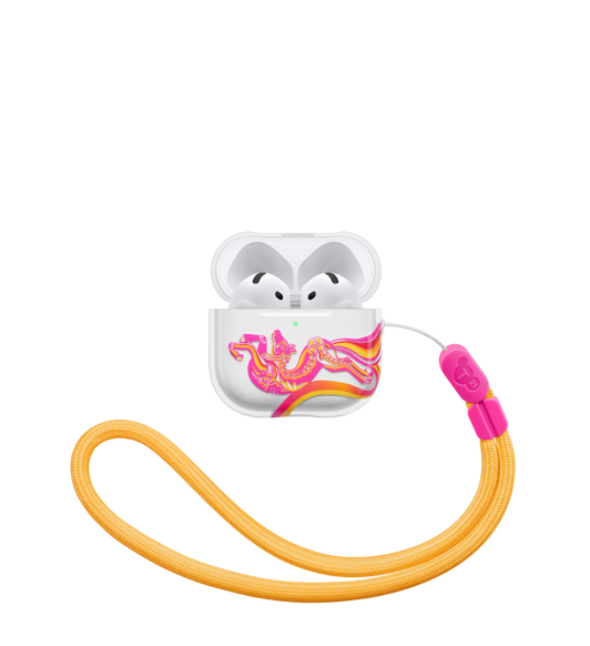 Tech21 EvoArt case, front exterior, white color, open, with AirPods 4 inserted, colorful Year of the Horse graphics, included yellow lanyard attached