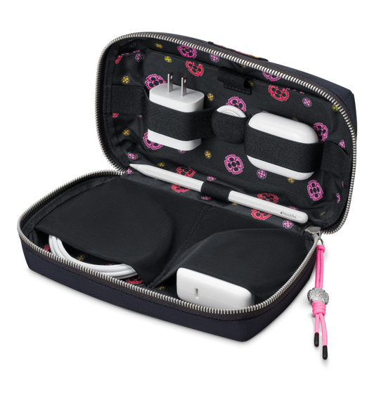 Bellroy Travel Organizer, opened, charger and AirPods case in elastic lid loops, coiled cable and charger in bottom mesh pockets, Year of the Horse graphics