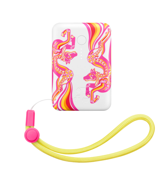 Nimble CHAMP Portable 10K Charger, front exterior, Year of the Horse graphic, white color background, yellow lanyard with strap adjuster attached at side, power button and LED indicator lights at center