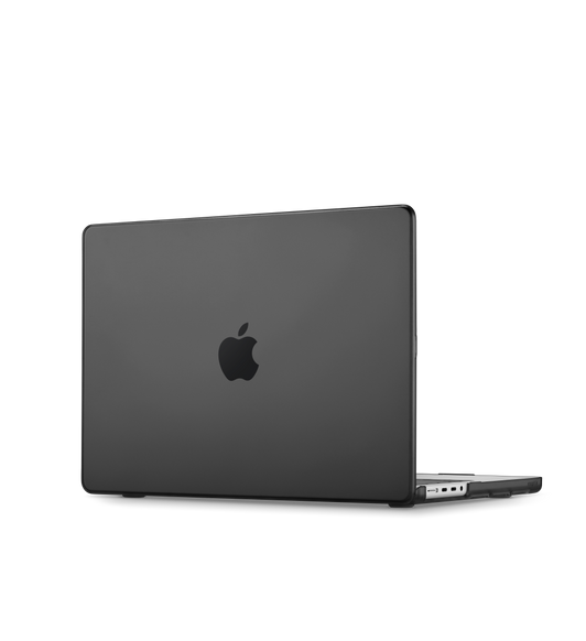 Mophie Slimline MacBook Air Hardshell case, grey tint colour, MacBook Pro installed and open, cutout for easy access to ports on side, Apple logo visible in centre