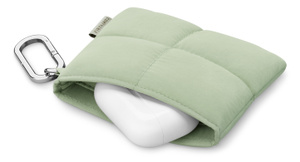Comfyable Puffer AirPods Case, top exterior, sage green color, chrome carabiner attached at right, magnetic closure open, AirPods case partially inserted into opening