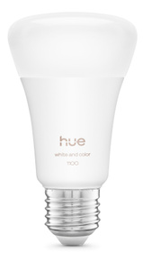 Philips Hue-lamp, witte lamp en behuizing van lamp, onderkant van chroom, Hue-logo in het midden, tekst luidt: wit en kleur