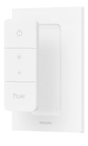 Hue verwijderbare slimme schakelaar met station voor op de muur, kleur wit, aan/uit-schakelaar bovenop, dimmer in het midden, Hue-logo onderin, Philips-logo onderop het station
