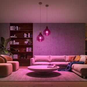 Philips Hue-lampen in hangende lampen, bank, stoelen en tafel