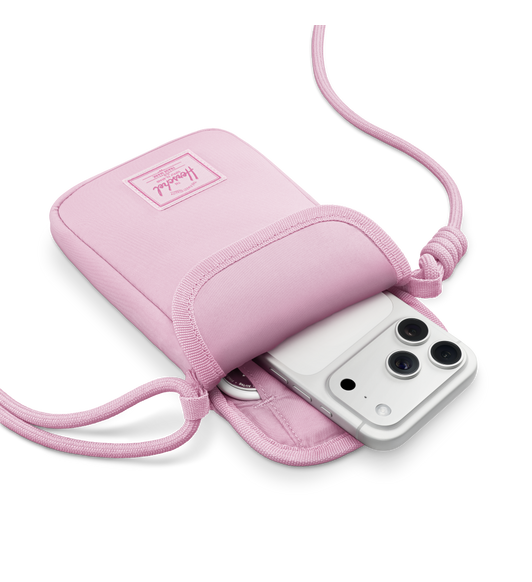 Herschel Cloudform Crossbody Bag for iPhone, pink colour, top zip enclosure opened, interior pocket, iPhone slid into padded pouch