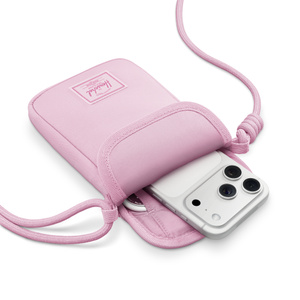 Herschel Cloudform Crossbody Bag for iPhone, pink color, top zipper enclosure opened, interior pocket, iPhone slid into padded pouch