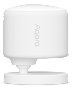 Aqara Präsenz-Multisensor, Seitenansicht, Farbe Weiß, Aqara Logo an der Seite, Kugelgelenkhalter in der Mitte