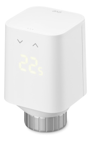 Eve Thermo-radiatorkraan, kubus met afgeronde hoeken, kleur wit, bovenkant, led-indicator, voorkant, regelaar voor hoger en lager, temperatuur verlicht aan de voorkant