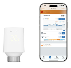 Vanne de radiateur Eve Thermo, coloris blanc, app Eve Thermo sur un iPhone, température, graphique d’utilisation et paramètres